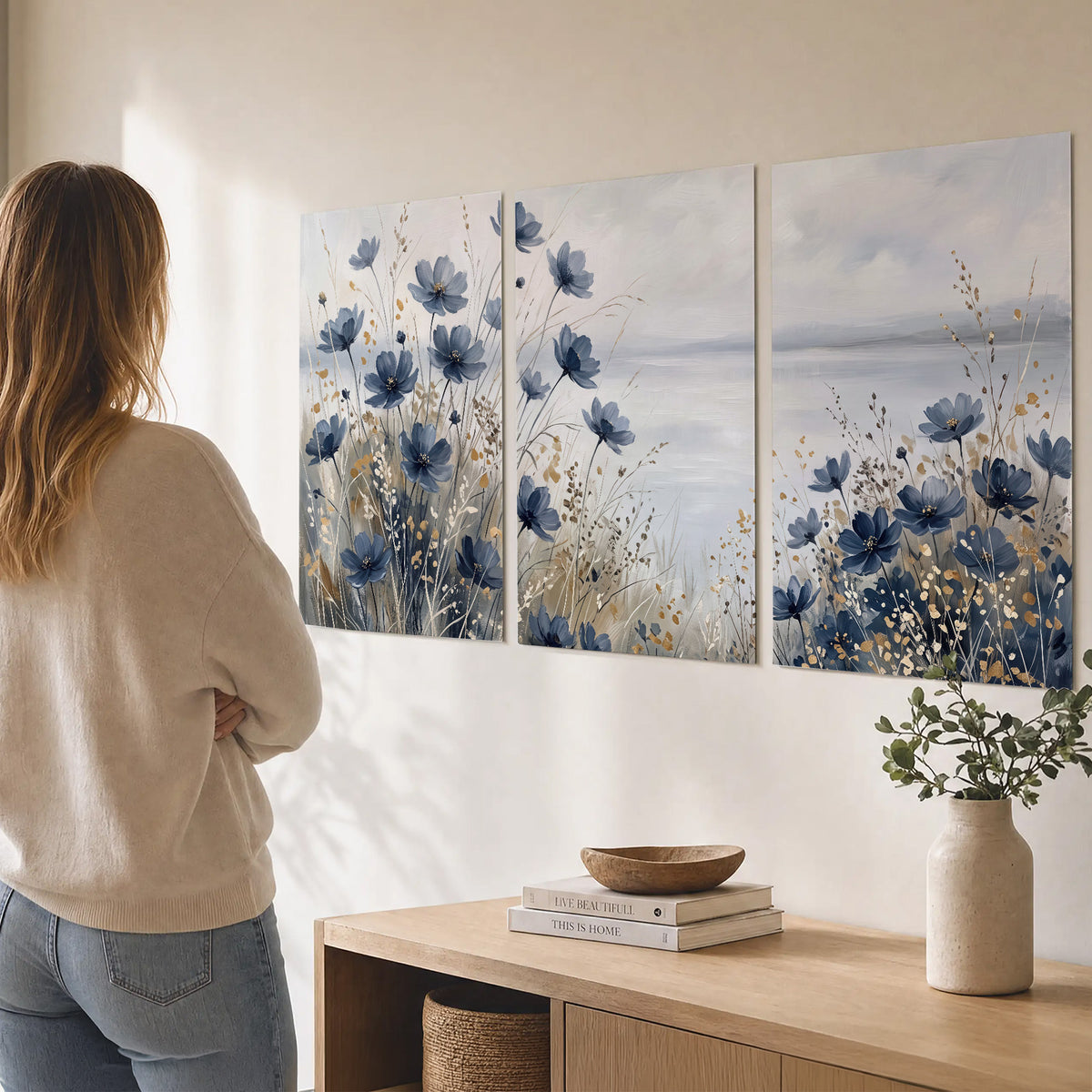 Soft blue flowers and ivory grasses beside a pale coastal horizon set of 3 poster prints three panel arrangement on a wall