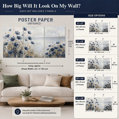 Soft blue flowers and ivory grasses beside a pale coastal horizon set of 3 poster prints size guide above a sofa; room view is illustrative