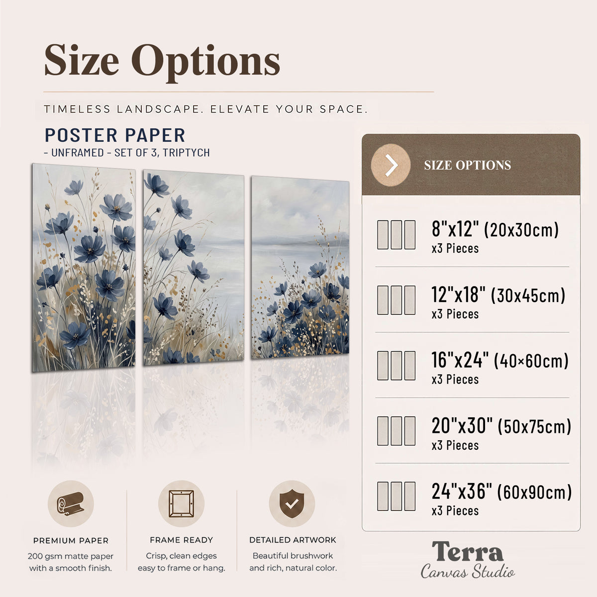 Soft blue flowers and ivory grasses beside a pale coastal horizon set of 3 poster prints available dimensions; triptych dimensions are per panel