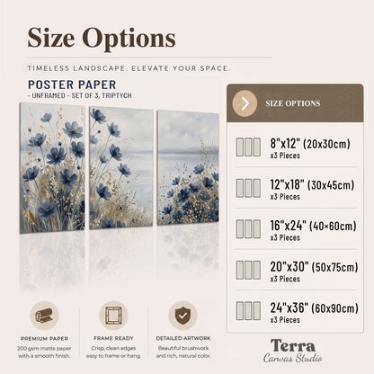 Soft blue flowers and ivory grasses beside a pale coastal horizon set of 3 poster prints available dimensions; triptych dimensions are per panel