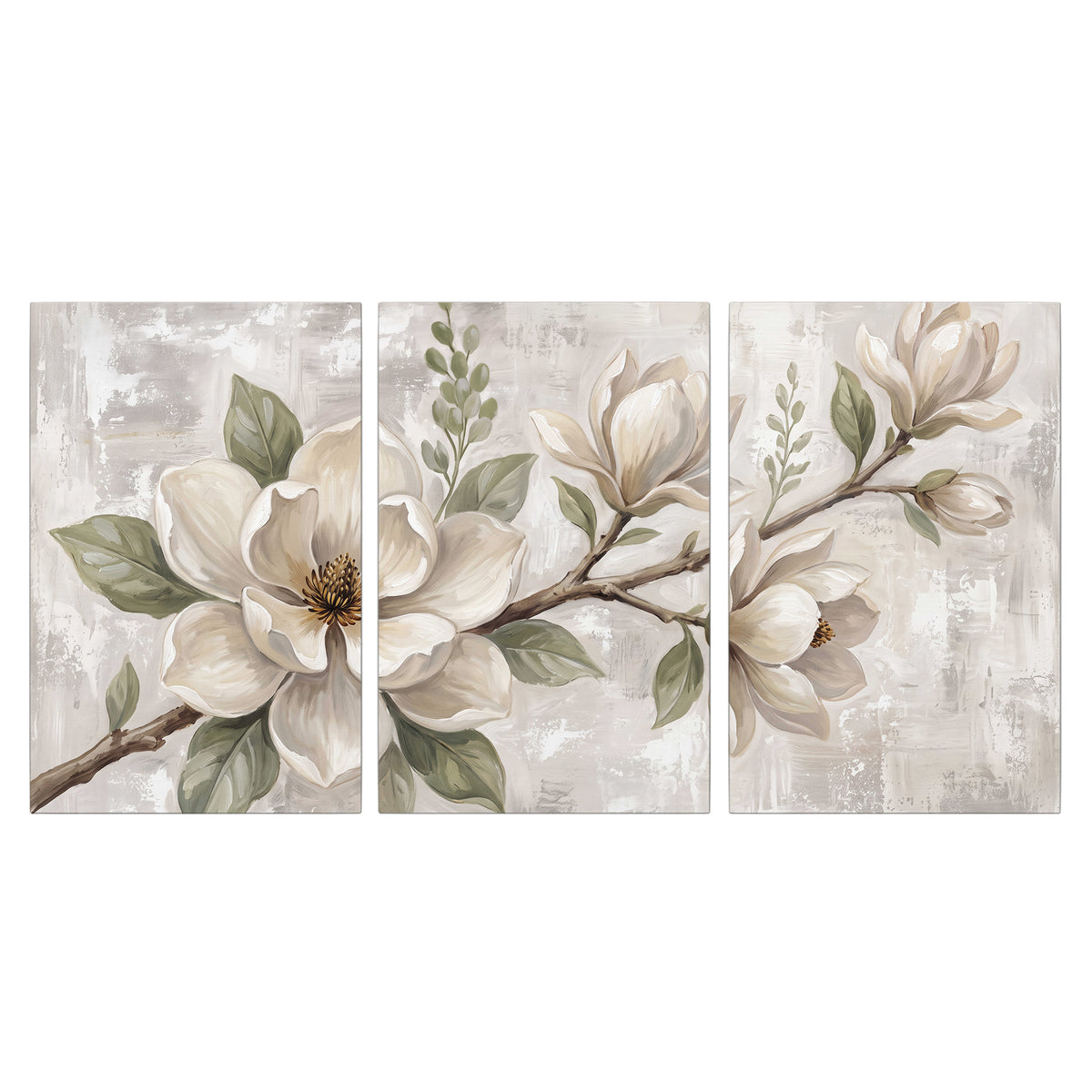 Large ivory magnolia blossoms and soft green leaves on pale gray 3 piece canvas wall art viewed straight on