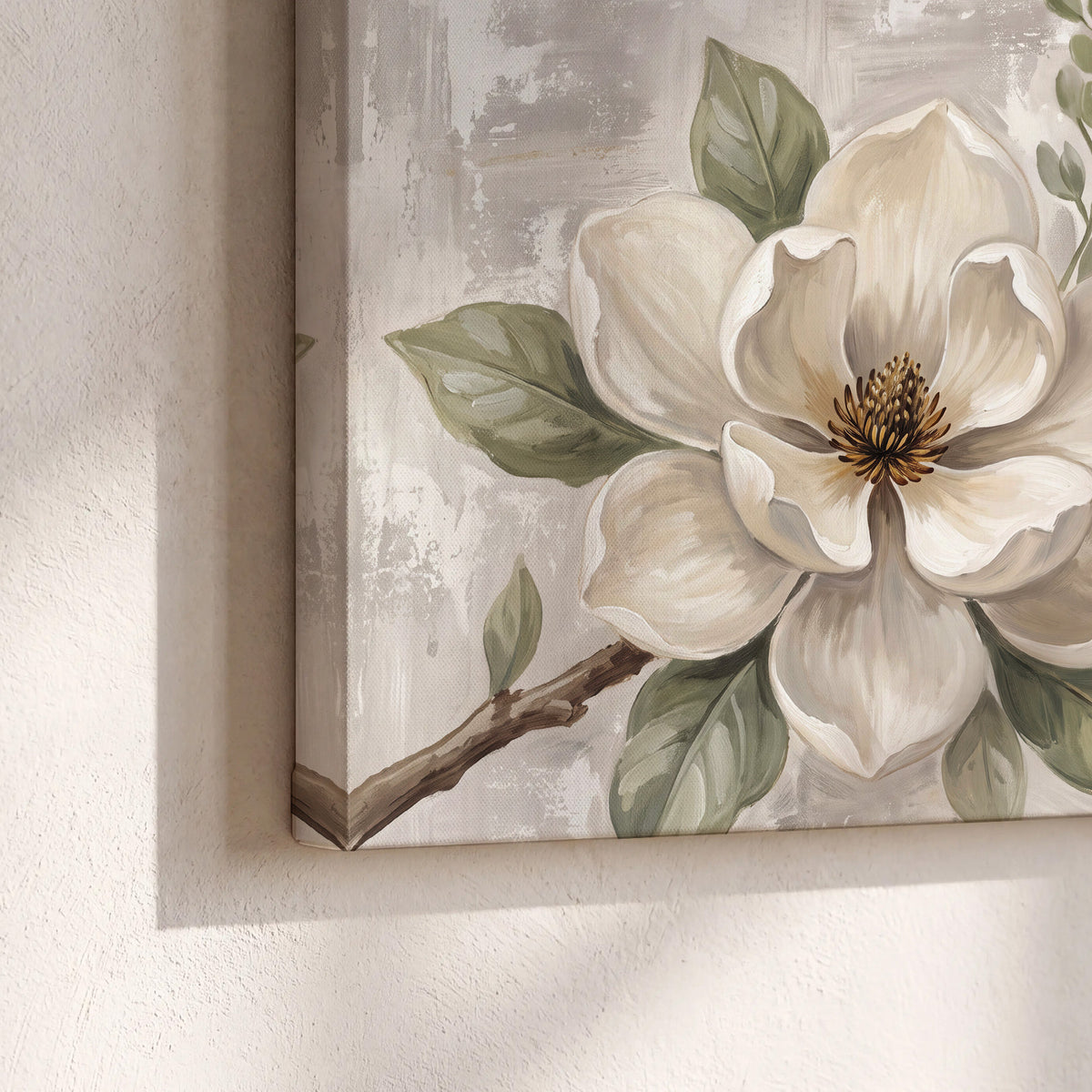 Large ivory magnolia blossoms and soft green leaves on pale gray 3 piece canvas wall art material and edge close up