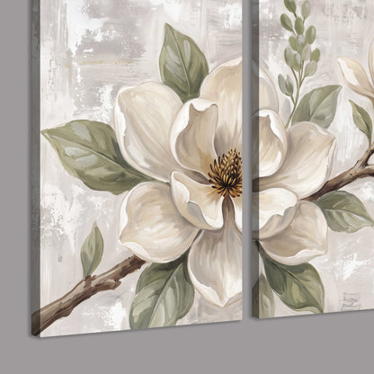 Large ivory magnolia blossoms and soft green leaves on pale gray 3 piece canvas wall art room and product view