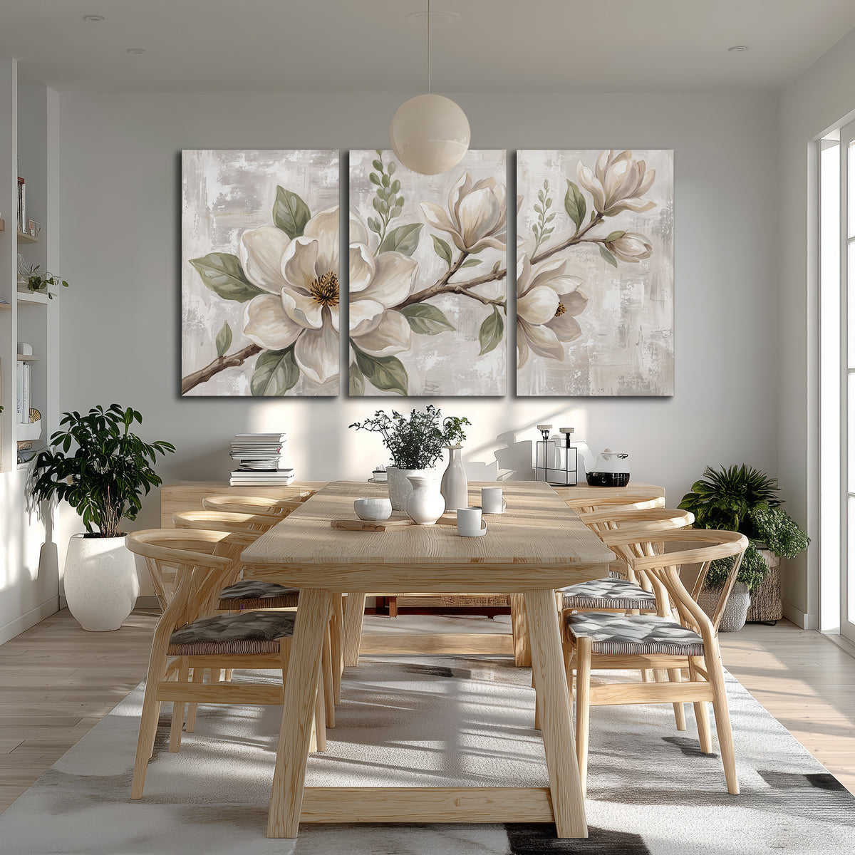 Large ivory magnolia blossoms and soft green leaves on pale gray 3 piece canvas wall art room and product view