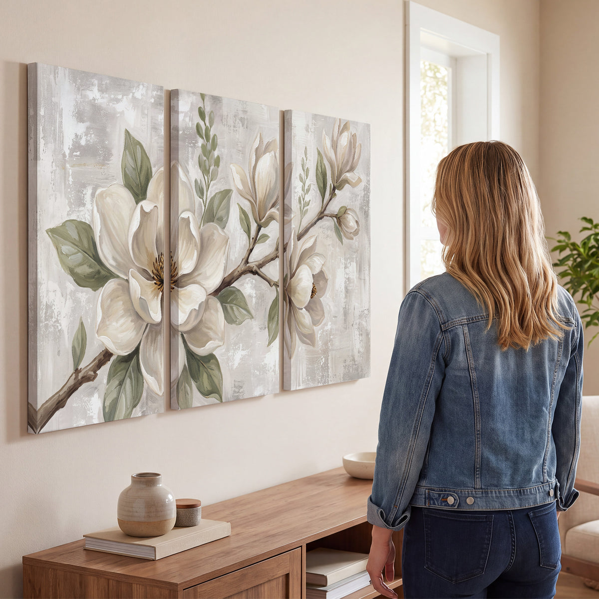 Large ivory magnolia blossoms and soft green leaves on pale gray 3 piece canvas wall art three panel arrangement on a wall