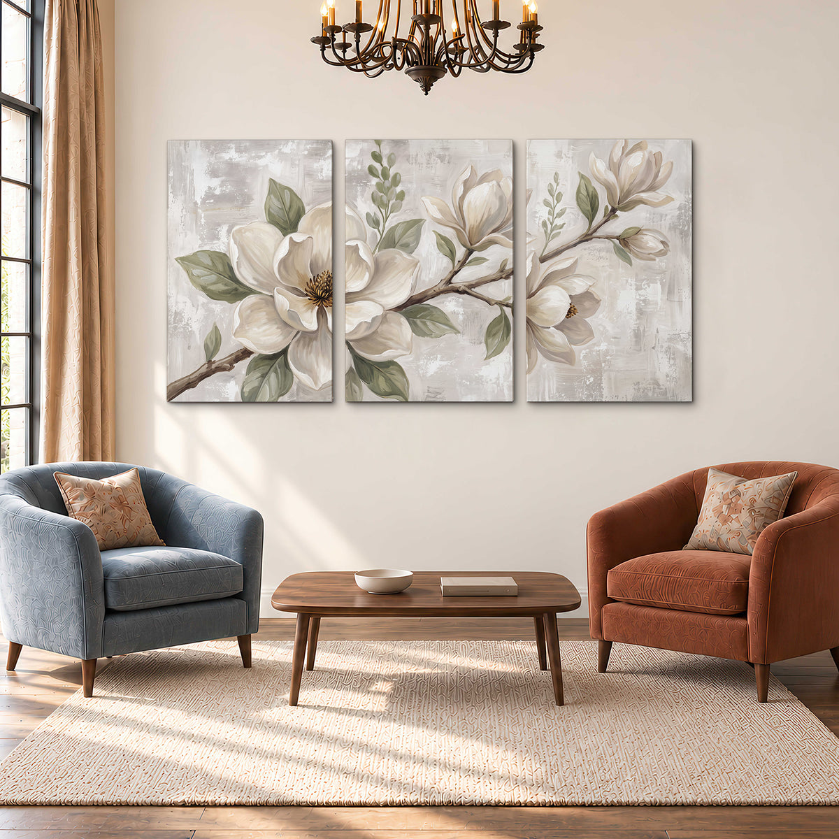 Large ivory magnolia blossoms and soft green leaves on pale gray 3 piece canvas wall art styled in an interior