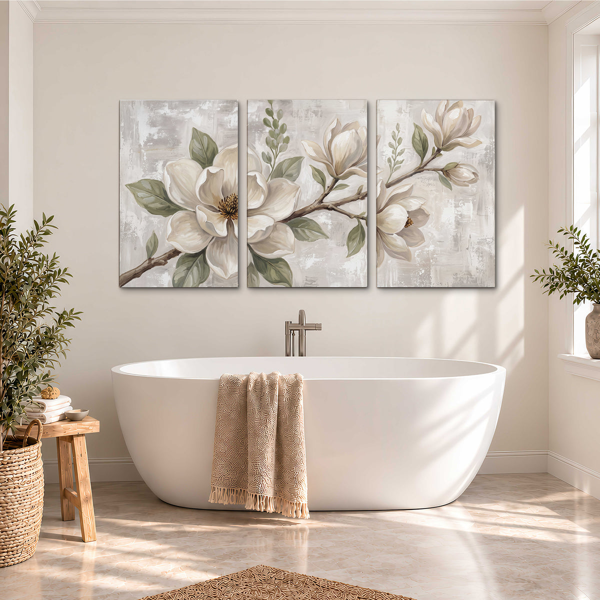 Large ivory magnolia blossoms and soft green leaves on pale gray 3 piece canvas wall art styled in an interior