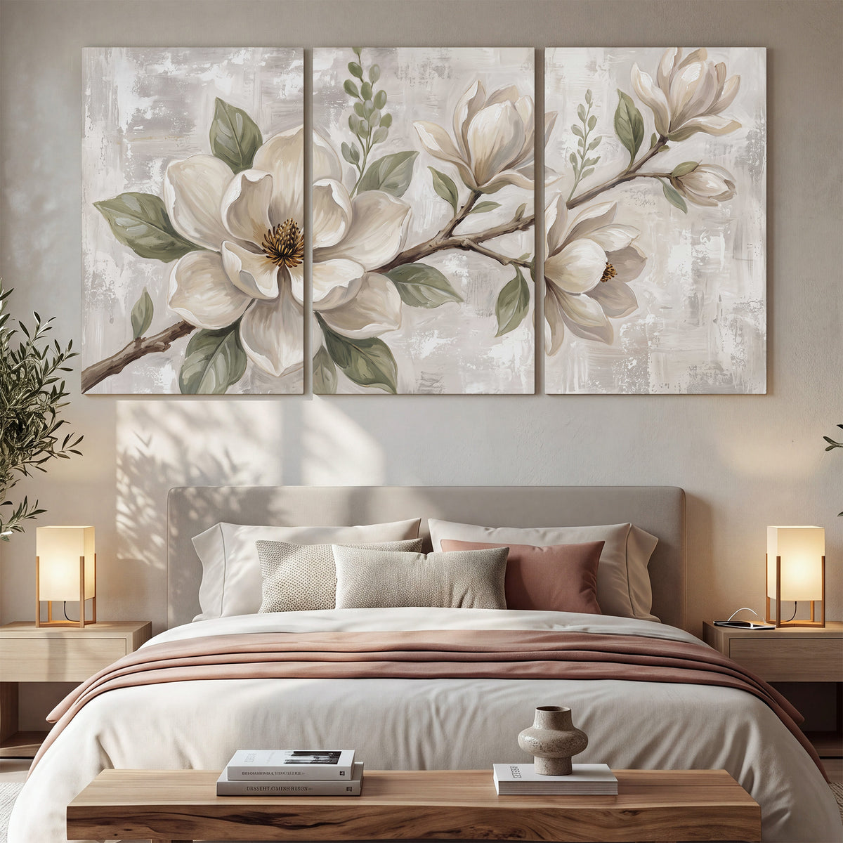 Large ivory magnolia blossoms and soft green leaves on pale gray 3 piece canvas wall art displayed in a bedroom