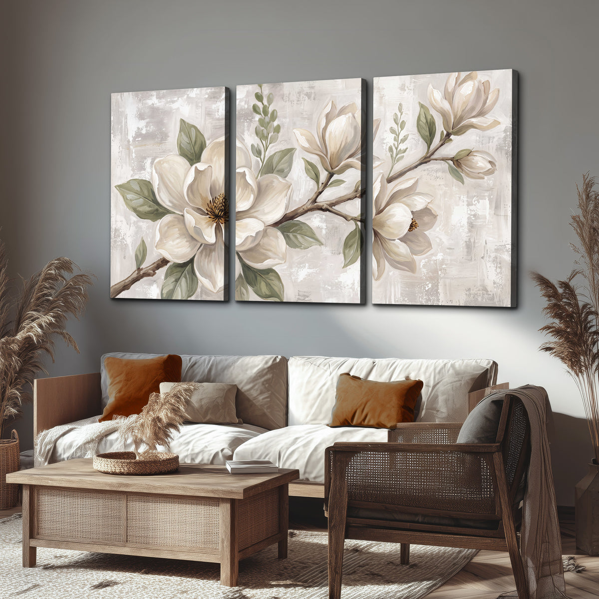 Large ivory magnolia blossoms and soft green leaves on pale gray 3 piece canvas wall art displayed in a rustic living room