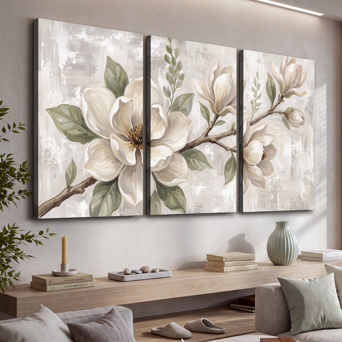 Large ivory magnolia blossoms and soft green leaves on pale gray 3 piece canvas wall art displayed in a console
