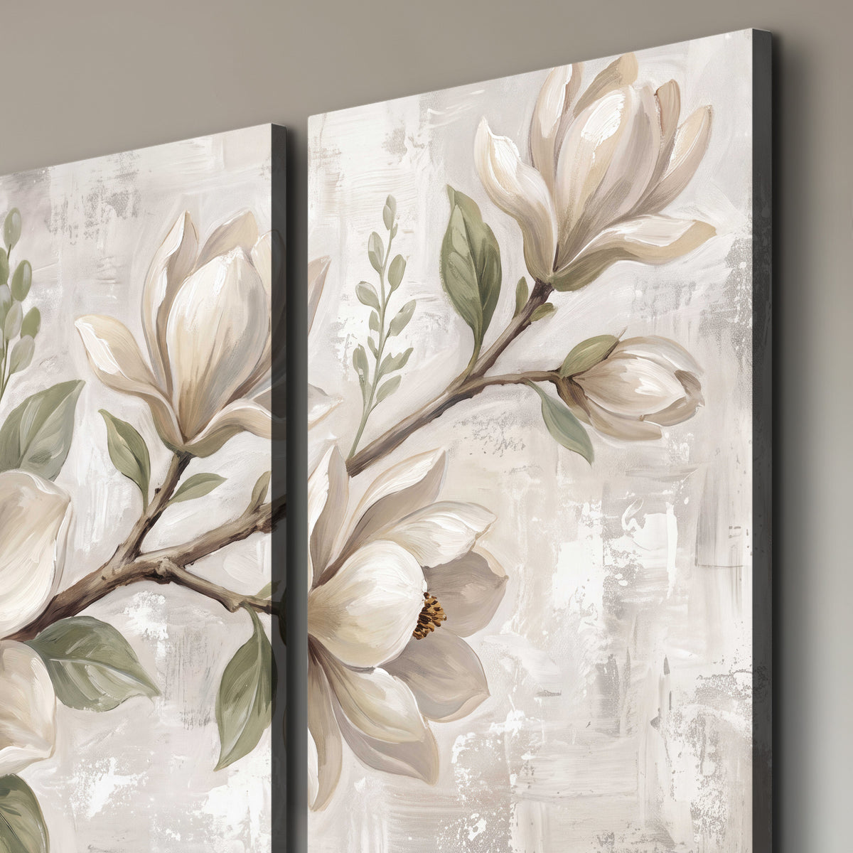 Large ivory magnolia blossoms and soft green leaves on pale gray 3 piece canvas wall art room and product view