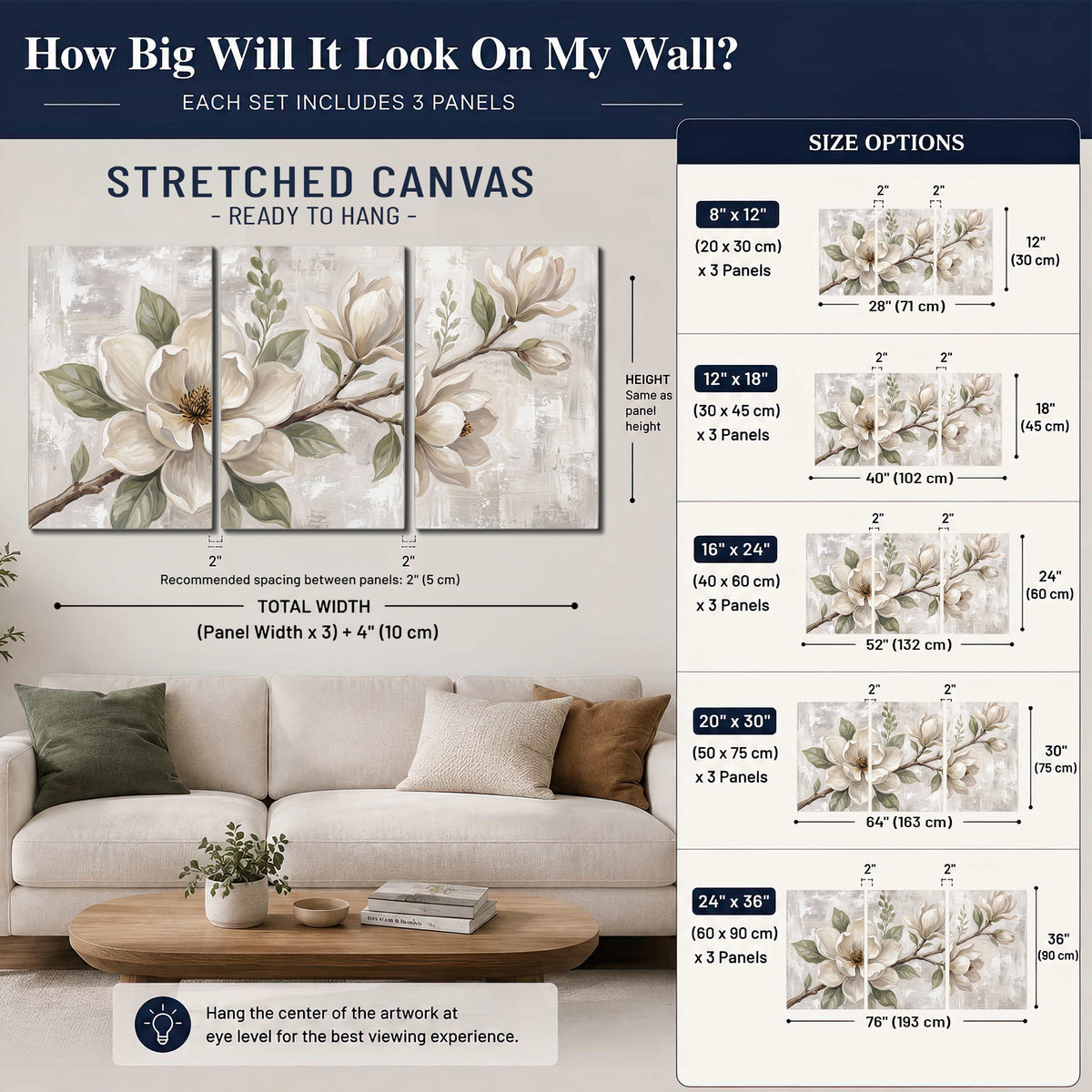 Large ivory magnolia blossoms and soft green leaves on pale gray 3 piece canvas wall art size guide above a sofa; room view is illustrative