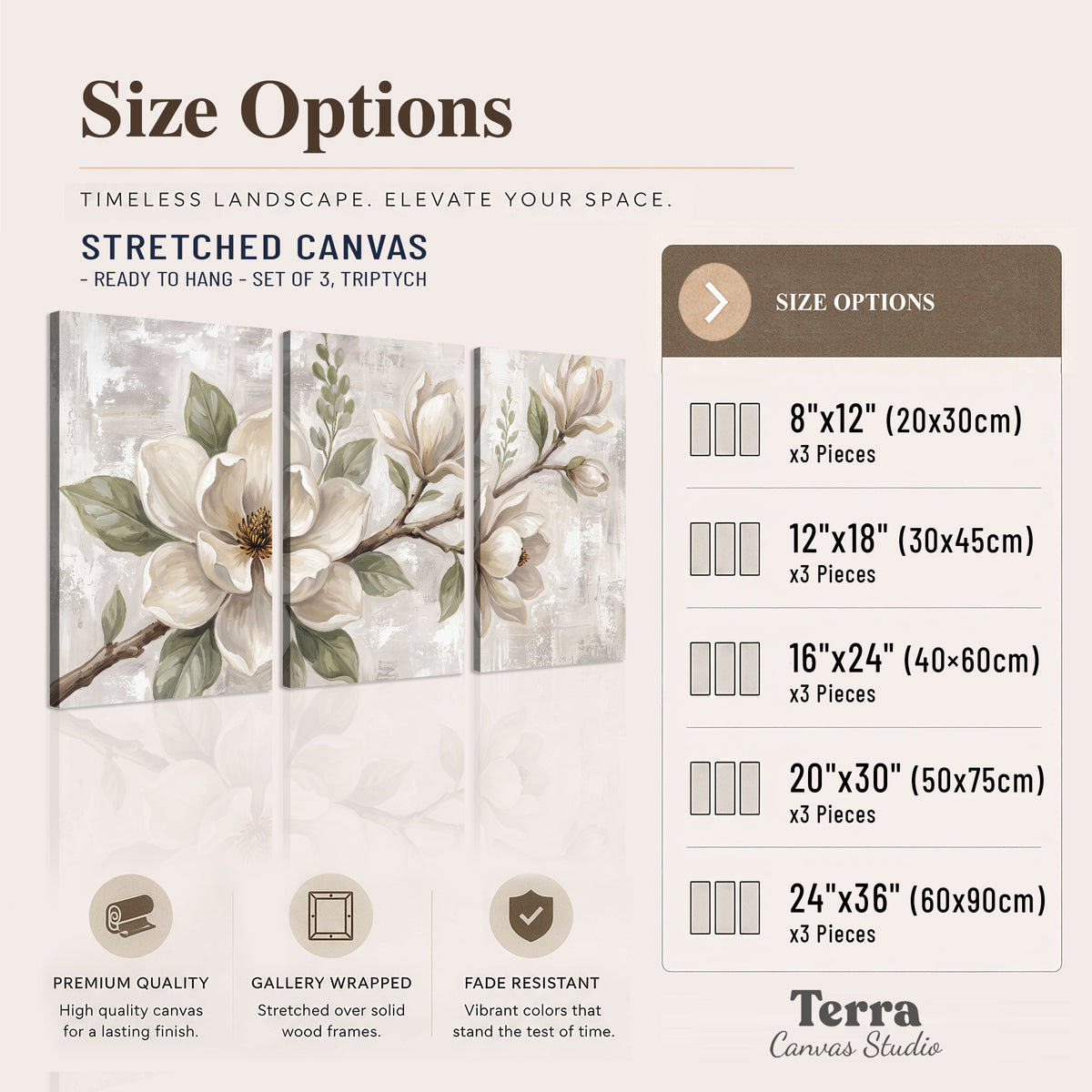 Large ivory magnolia blossoms and soft green leaves on pale gray 3 piece canvas wall art available dimensions; triptych dimensions are per panel