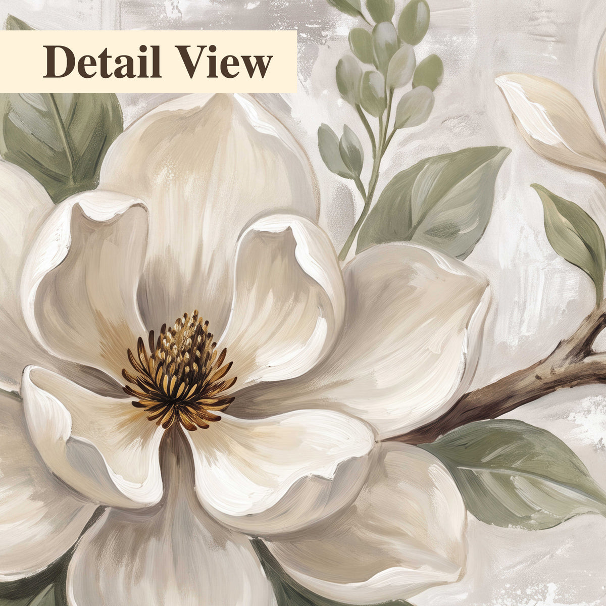 Large ivory magnolia blossoms and soft green leaves on pale gray 3 piece canvas wall art artwork detail close up