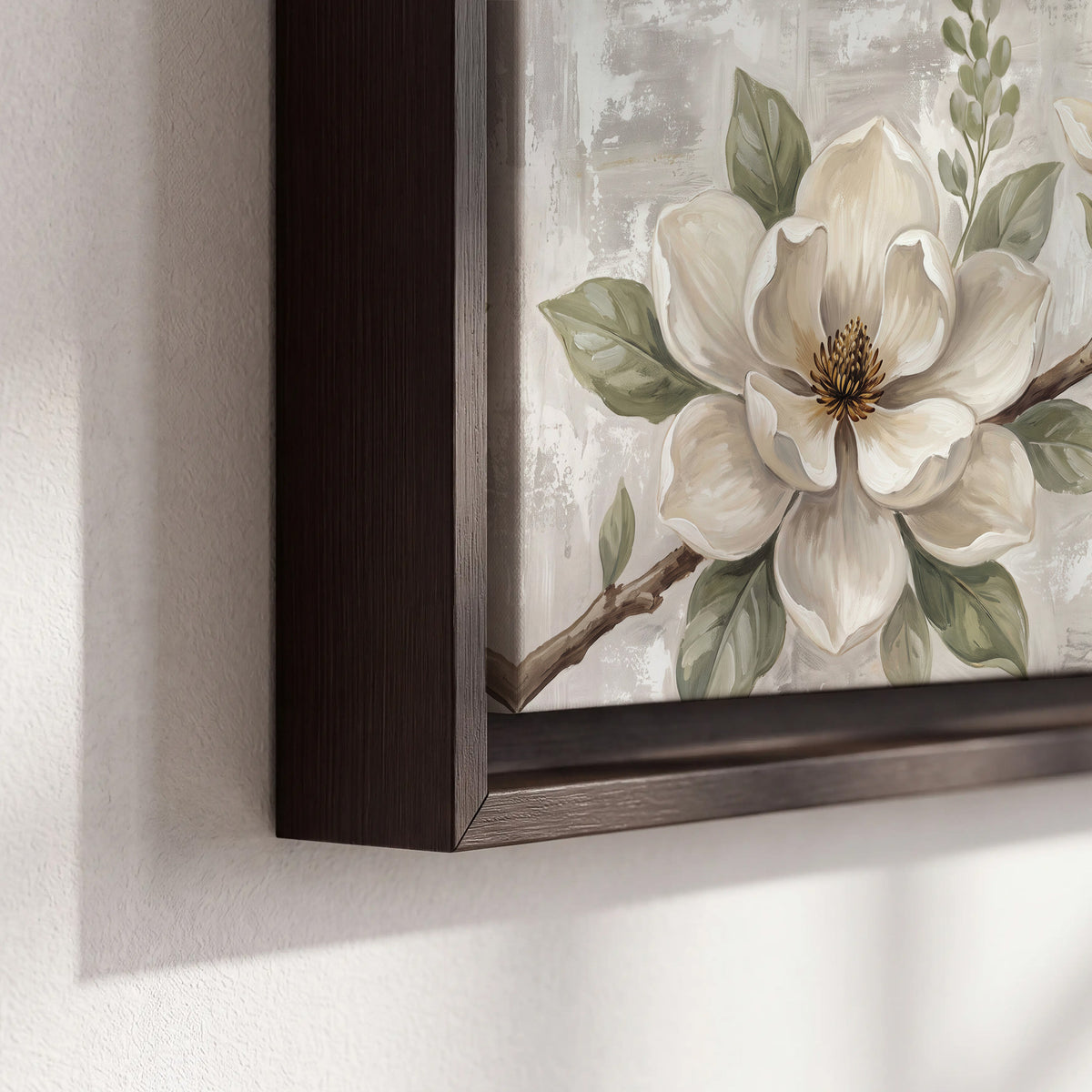 Large ivory magnolia blossoms and soft green leaves on pale gray 3 piece framed canvas wall art material and edge close up