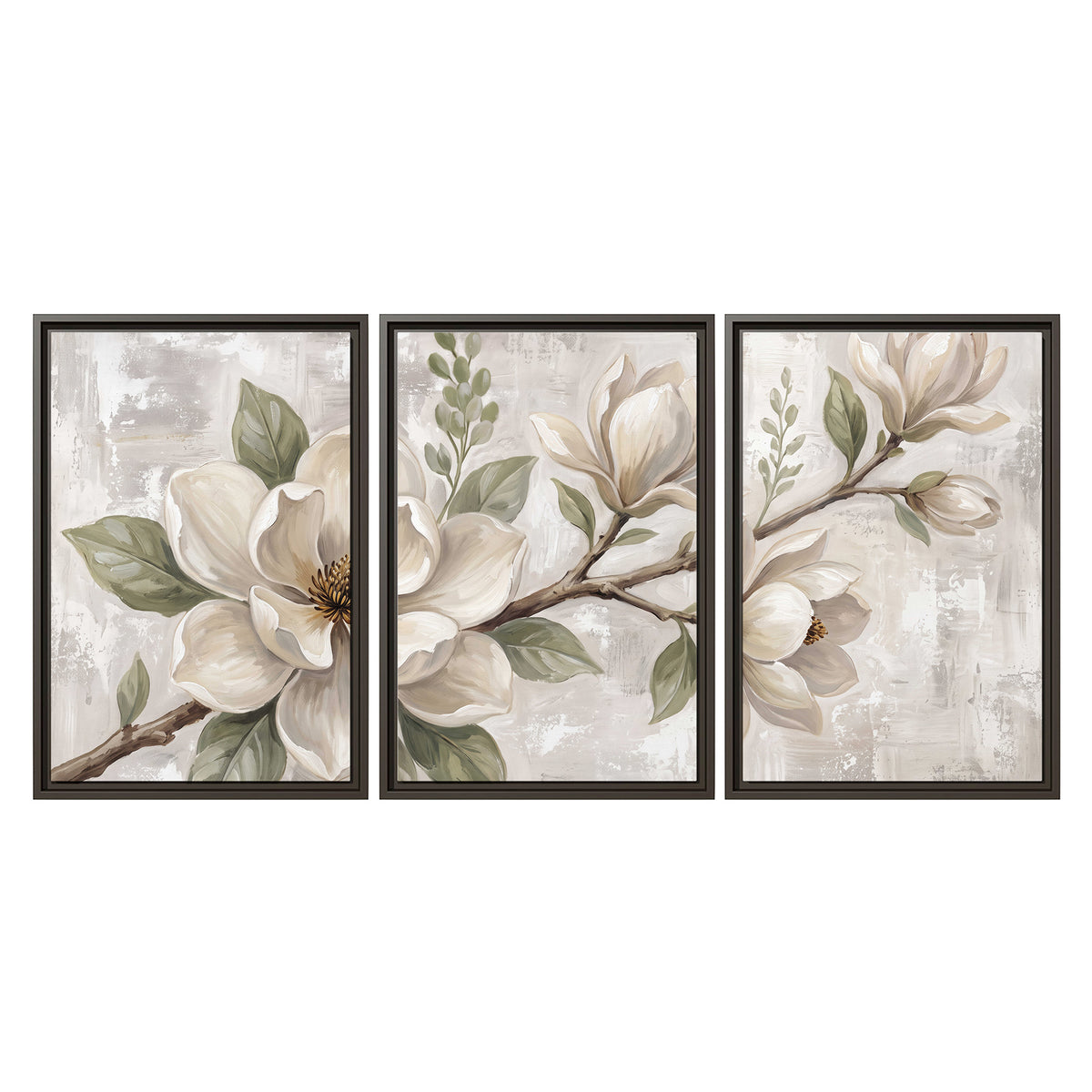 Large ivory magnolia blossoms and soft green leaves on pale gray 3 piece framed canvas wall art viewed straight on