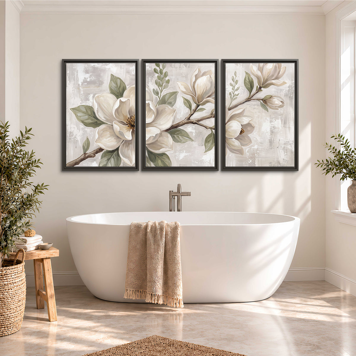 Large ivory magnolia blossoms and soft green leaves on pale gray 3 piece framed canvas wall art styled in an interior