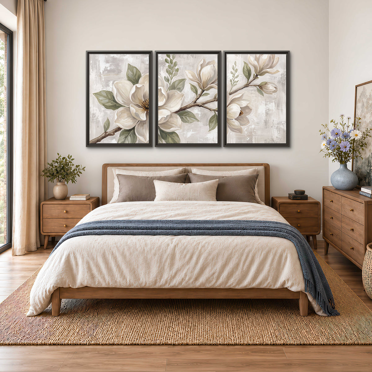 Large ivory magnolia blossoms and soft green leaves on pale gray 3 piece framed canvas wall art styled in an interior