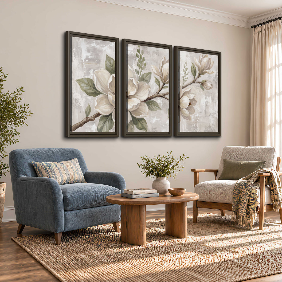 Large ivory magnolia blossoms and soft green leaves on pale gray 3 piece framed canvas wall art styled in an interior