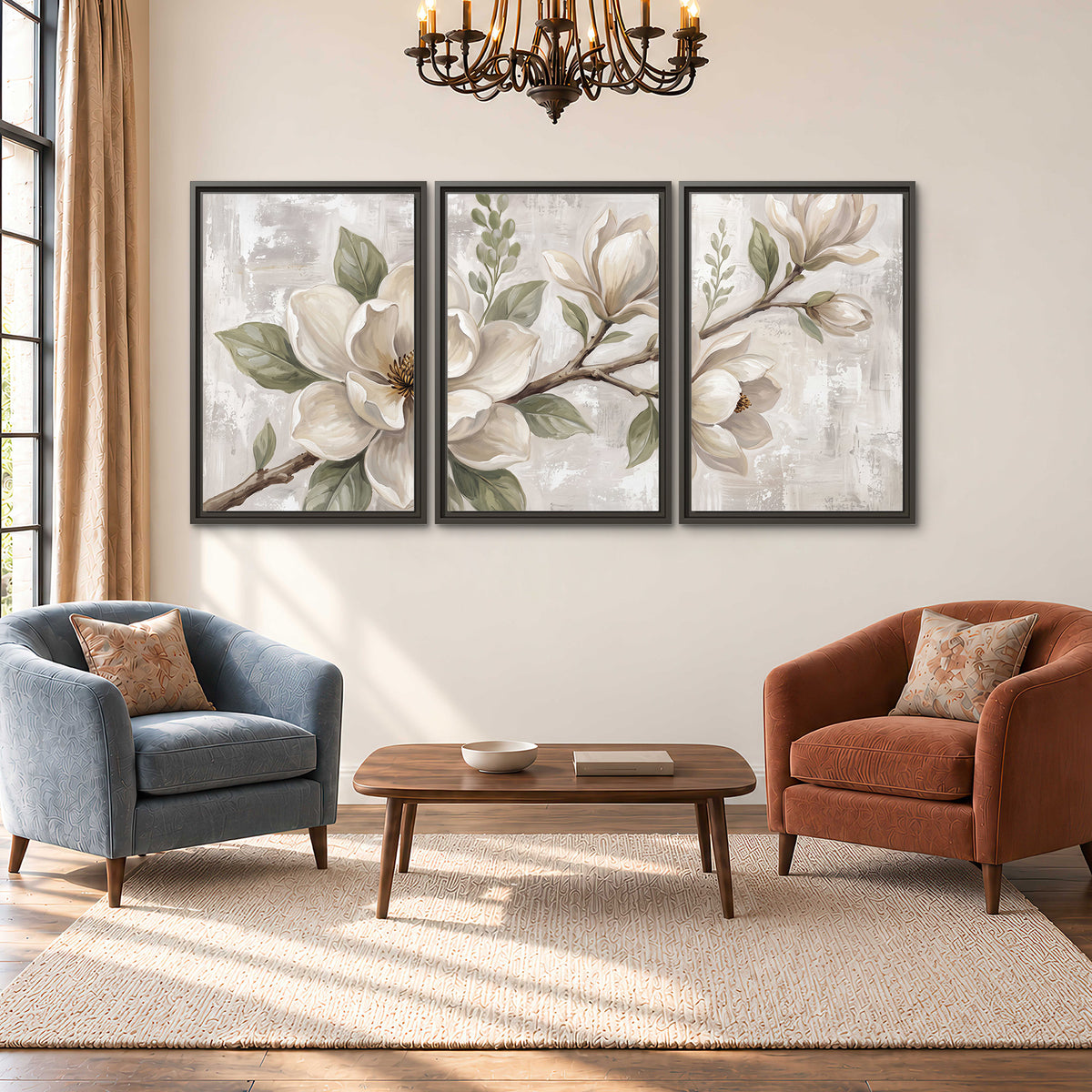 Large ivory magnolia blossoms and soft green leaves on pale gray 3 piece framed canvas wall art styled in an interior