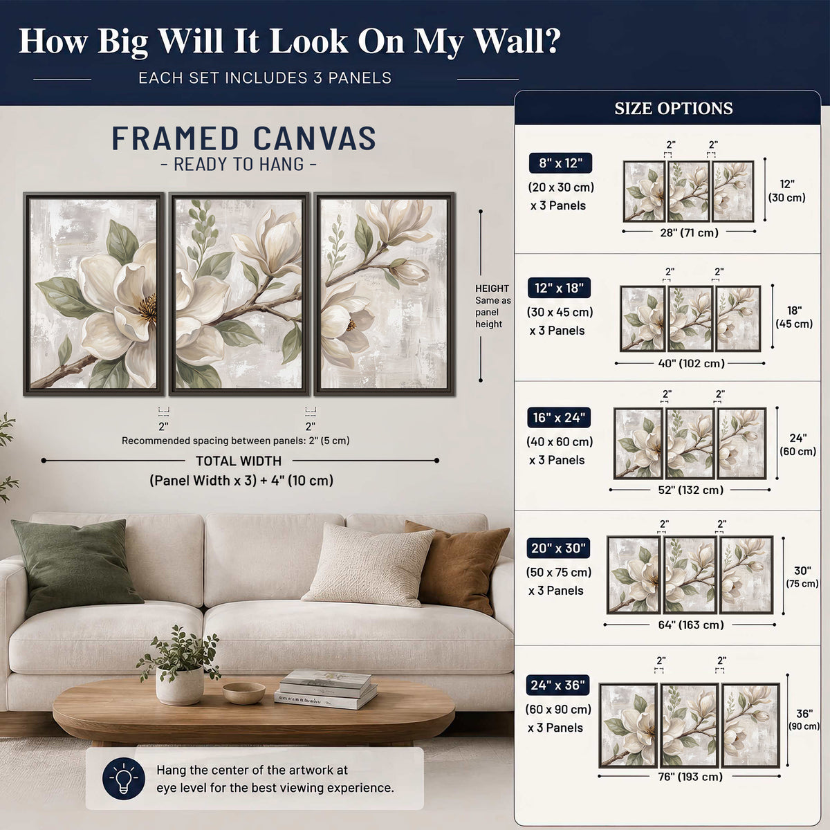 Large ivory magnolia blossoms and soft green leaves on pale gray 3 piece framed canvas wall art size guide above a sofa; room view is illustrative
