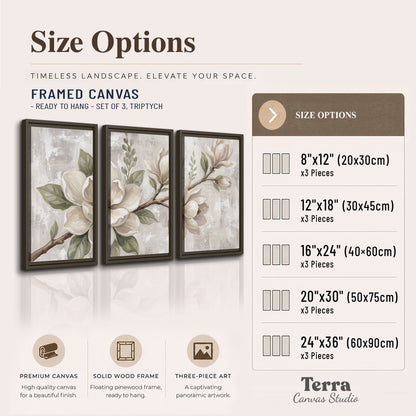Large ivory magnolia blossoms and soft green leaves on pale gray 3 piece framed canvas wall art available dimensions; triptych dimensions are per panel