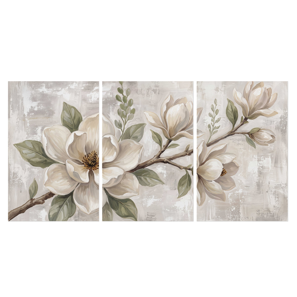 Large ivory magnolia blossoms and soft green leaves on pale gray set of 3 poster prints viewed straight on