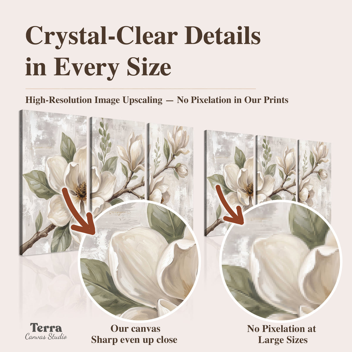 Large ivory magnolia blossoms and soft green leaves on pale gray artwork quality information