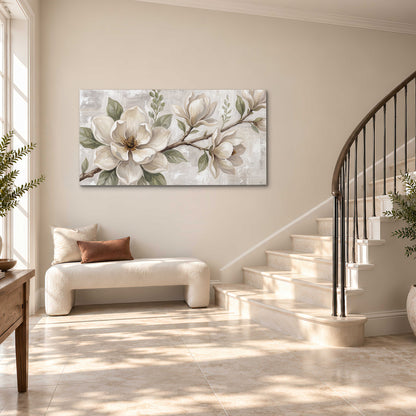 Large ivory magnolia blossoms and soft green leaves on pale gray single canvas wall art styled in an interior