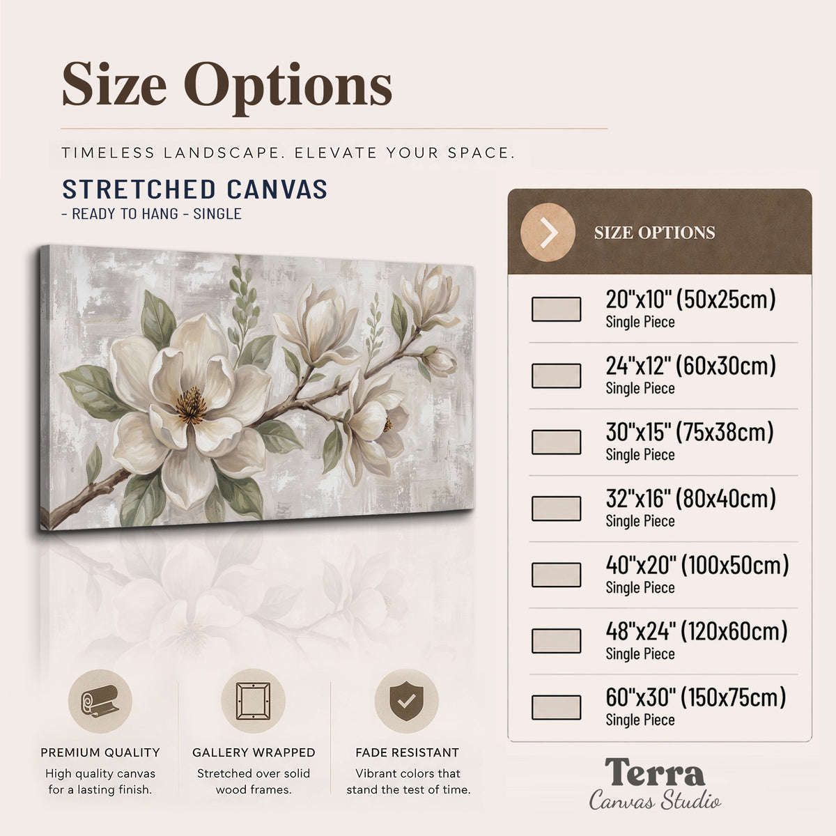 Large ivory magnolia blossoms and soft green leaves on pale gray single canvas wall art available dimensions