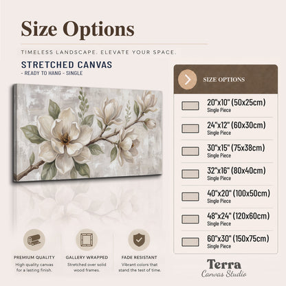 Large ivory magnolia blossoms and soft green leaves on pale gray single canvas wall art available dimensions