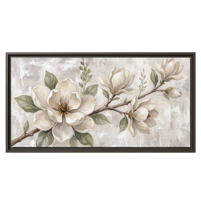 Large ivory magnolia blossoms and soft green leaves on pale gray single framed canvas wall art viewed straight on