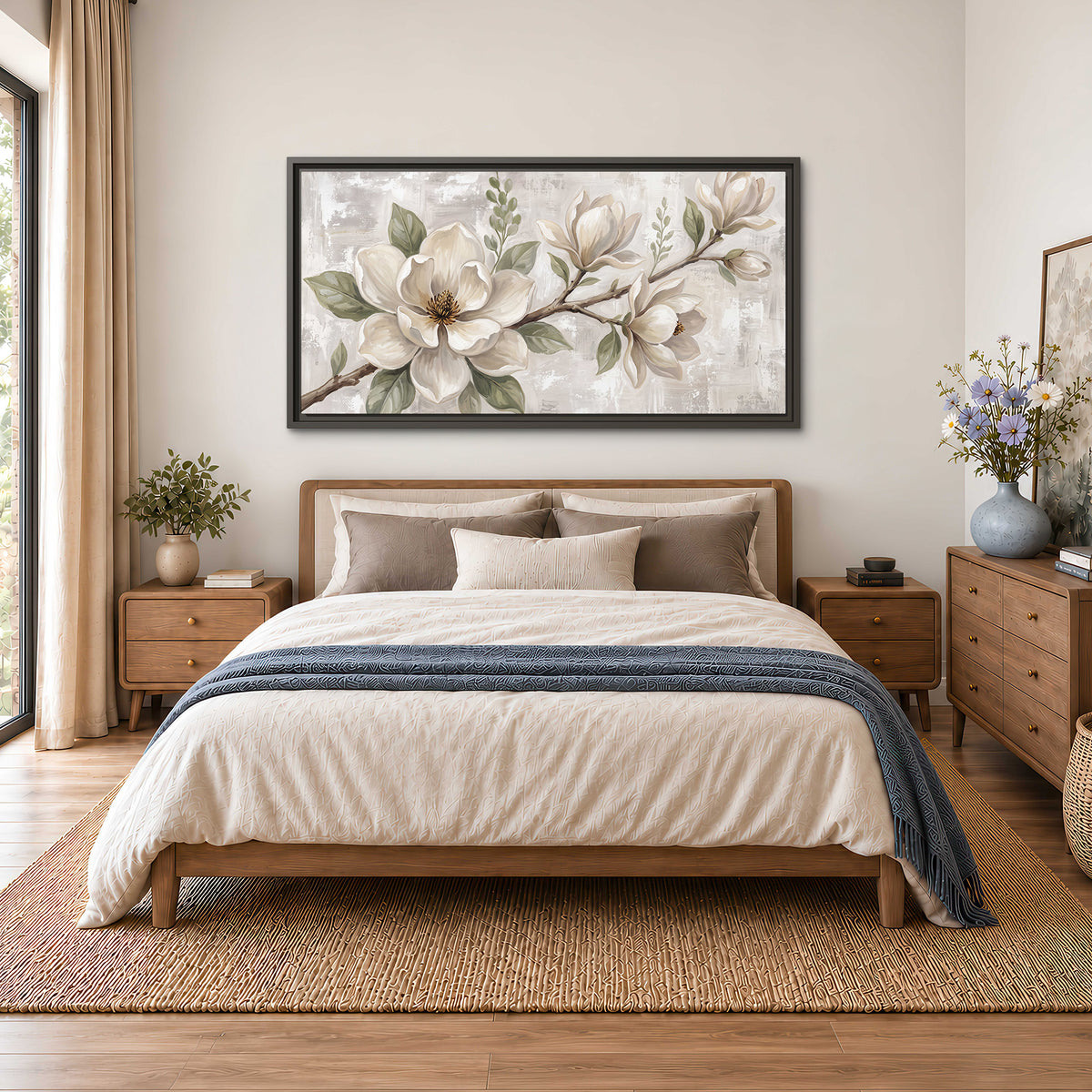 Large ivory magnolia blossoms and soft green leaves on pale gray single framed canvas wall art styled in an interior