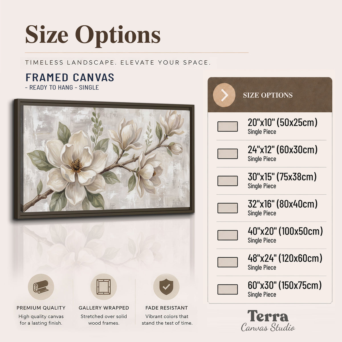 Large ivory magnolia blossoms and soft green leaves on pale gray single framed canvas wall art available dimensions
