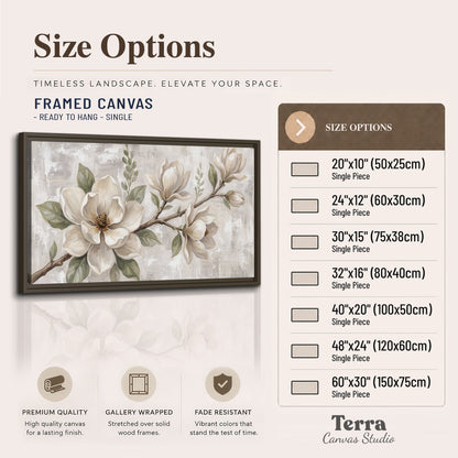 Large ivory magnolia blossoms and soft green leaves on pale gray single framed canvas wall art available dimensions