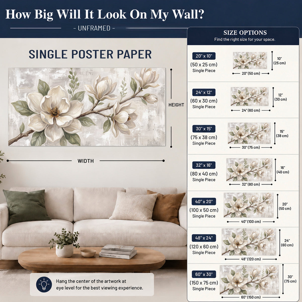 Large ivory magnolia blossoms and soft green leaves on pale gray single poster print size guide above a sofa; room view is illustrative