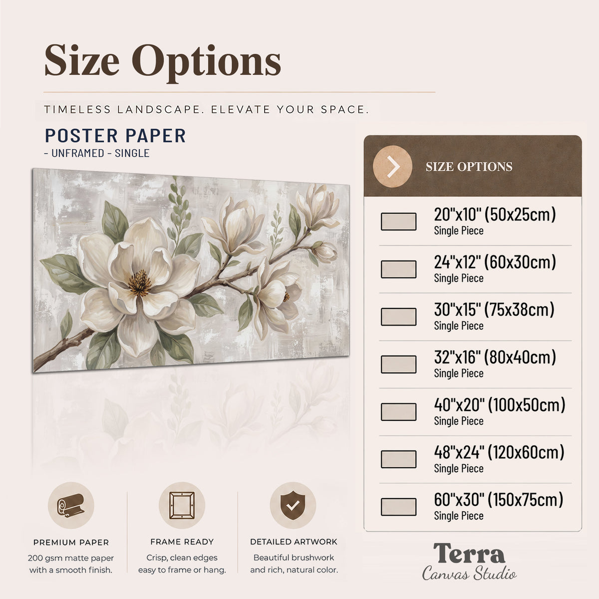 Large ivory magnolia blossoms and soft green leaves on pale gray single poster print available dimensions