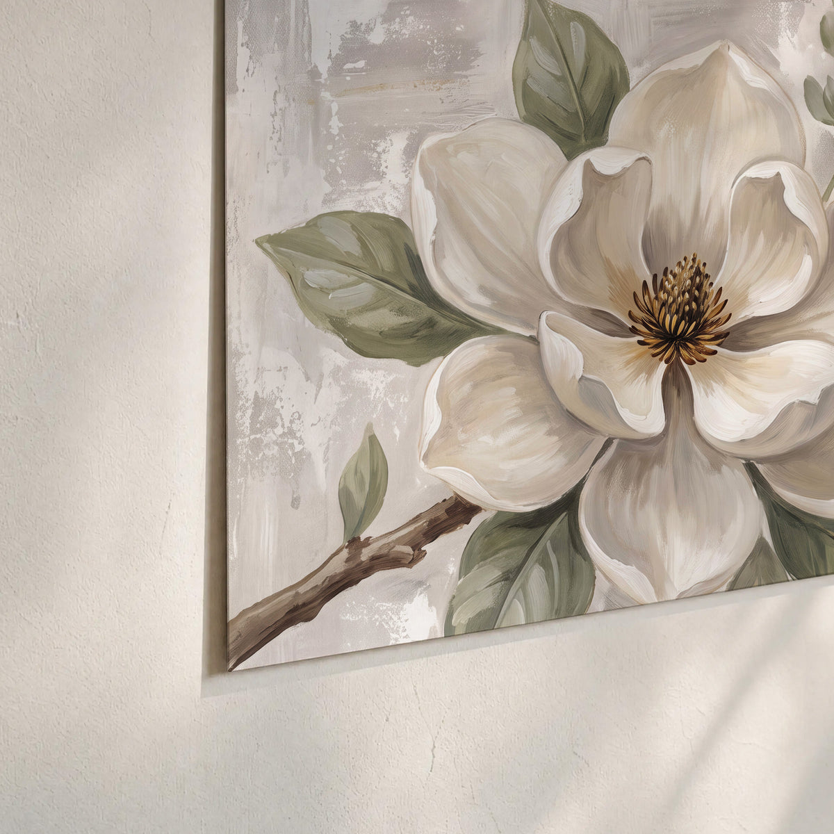 Large ivory magnolia blossoms and soft green leaves on pale gray set of 3 poster prints material and edge close up