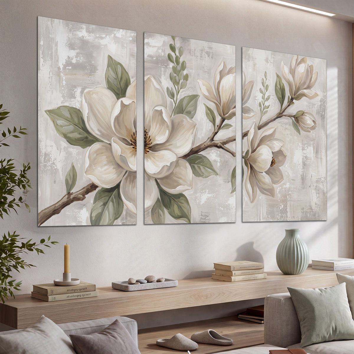 Large ivory magnolia blossoms and soft green leaves on pale gray set of 3 poster prints displayed in a console