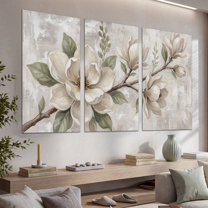 Large ivory magnolia blossoms and soft green leaves on pale gray set of 3 poster prints displayed in a console