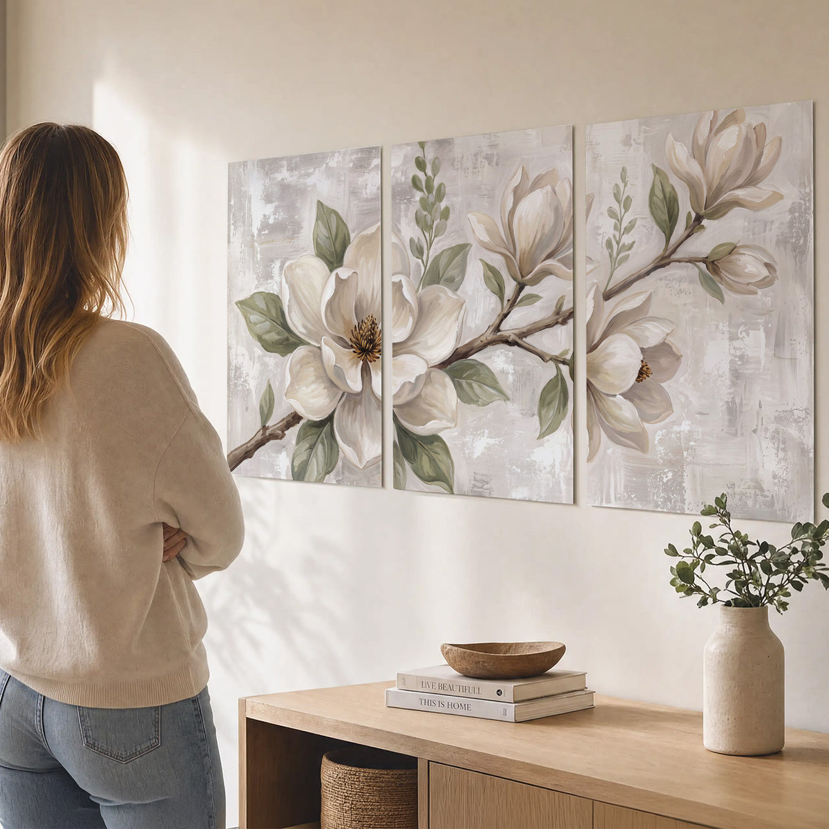 Large ivory magnolia blossoms and soft green leaves on pale gray set of 3 poster prints three panel arrangement on a wall