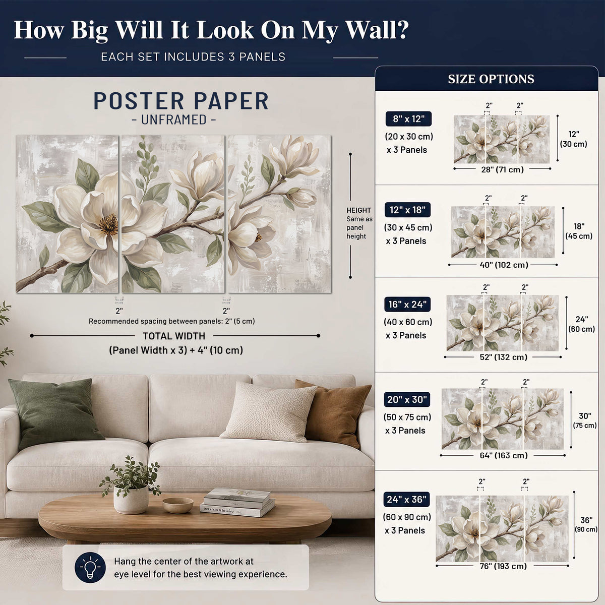 Large ivory magnolia blossoms and soft green leaves on pale gray set of 3 poster prints size guide above a sofa; room view is illustrative