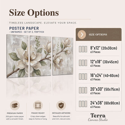 Large ivory magnolia blossoms and soft green leaves on pale gray set of 3 poster prints available dimensions; triptych dimensions are per panel
