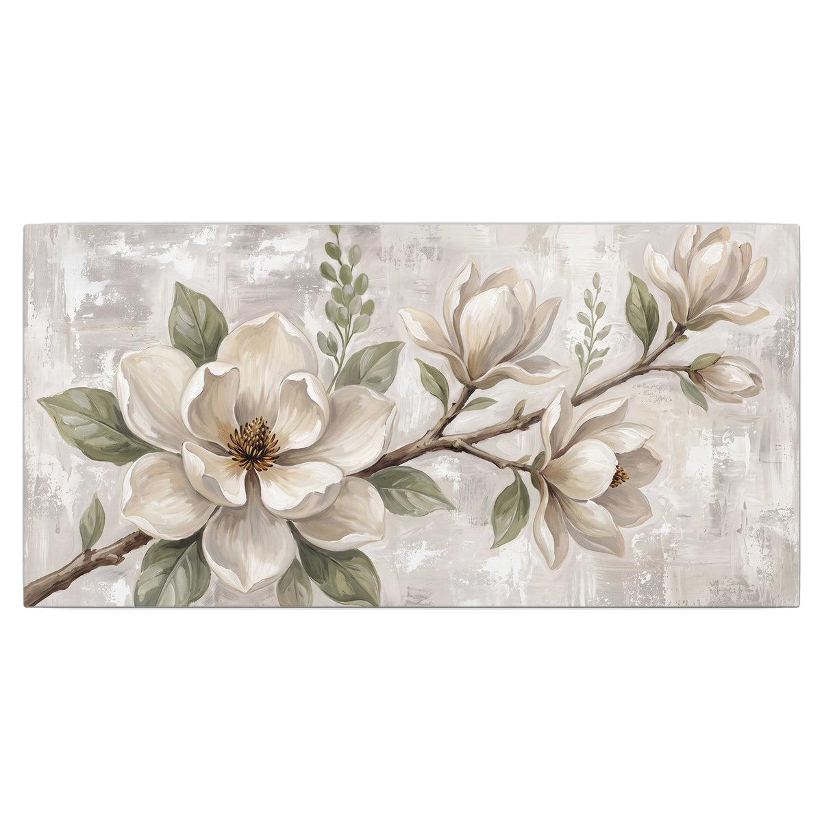 Large ivory magnolia blossoms and soft green leaves on pale gray single canvas wall art viewed straight on
