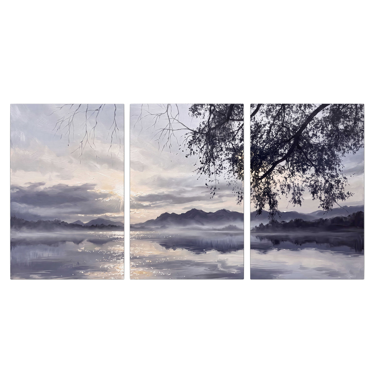 Quiet gray-blue water and dark overhanging branches beneath evening clouds 3 piece canvas wall art viewed straight on