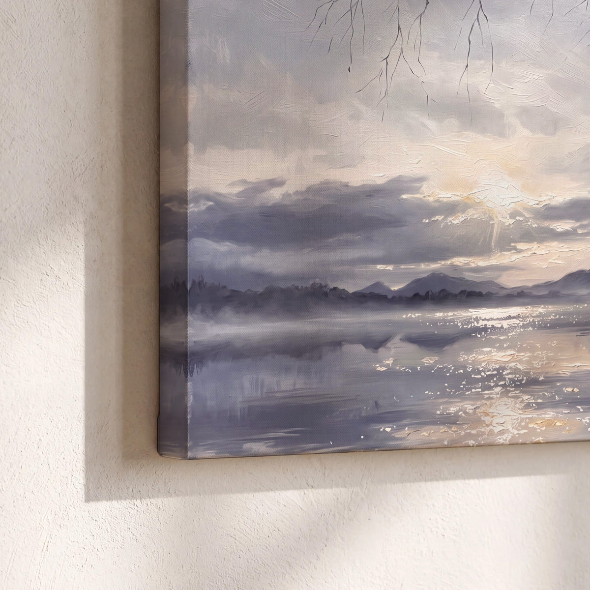 Quiet gray-blue water and dark overhanging branches beneath evening clouds 3 piece canvas wall art material and edge close up