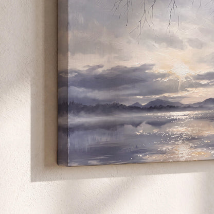 Quiet gray-blue water and dark overhanging branches beneath evening clouds 3 piece canvas wall art material and edge close up