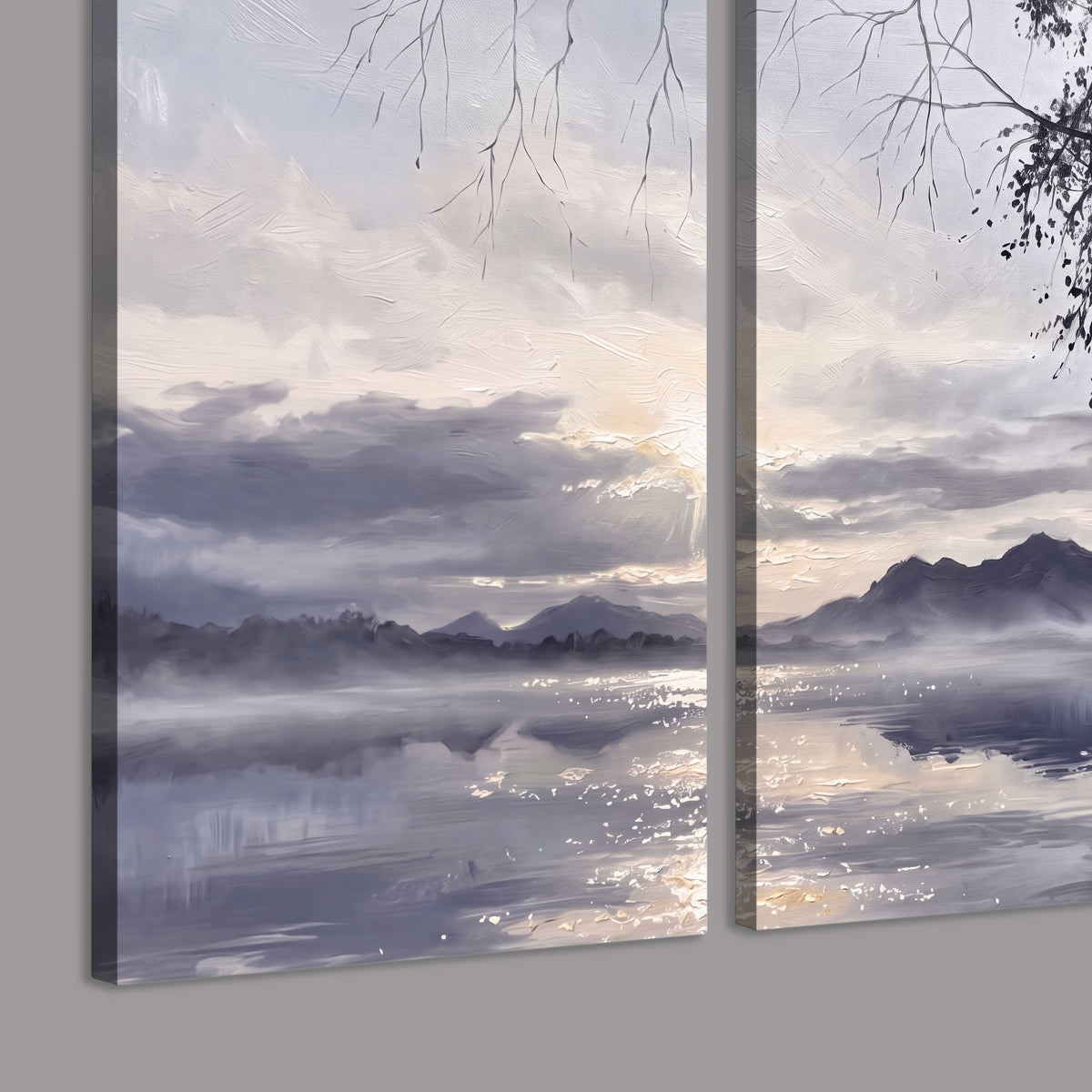 Quiet gray-blue water and dark overhanging branches beneath evening clouds 3 piece canvas wall art room and product view