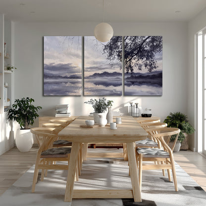 Quiet gray-blue water and dark overhanging branches beneath evening clouds 3 piece canvas wall art room and product view