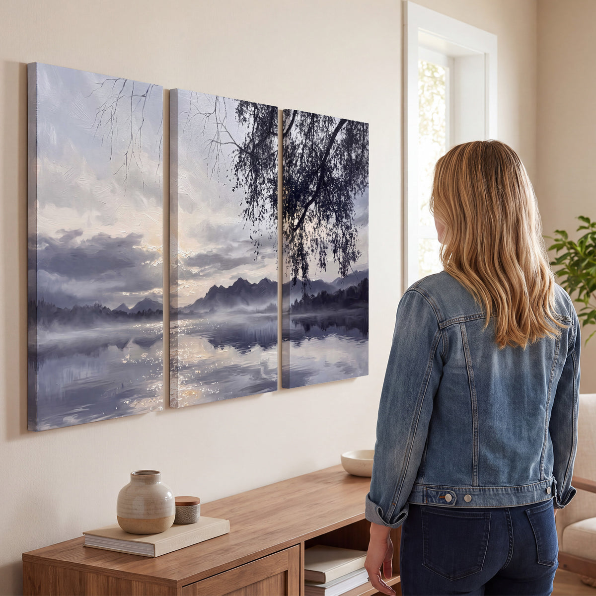 Quiet gray-blue water and dark overhanging branches beneath evening clouds 3 piece canvas wall art three panel arrangement on a wall